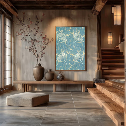 Elevate your space with the timeless elegance of Botanical Blue Flourish. This exquisite wall art for Hall