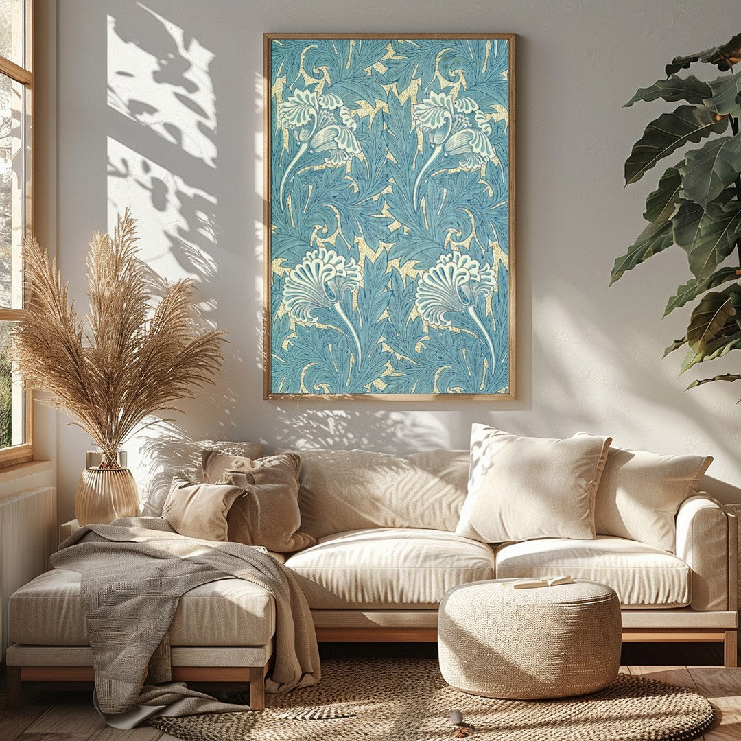 Elevate your space with the timeless elegance of Botanical Blue Flourish. This exquisite wall art for Sitting Area
