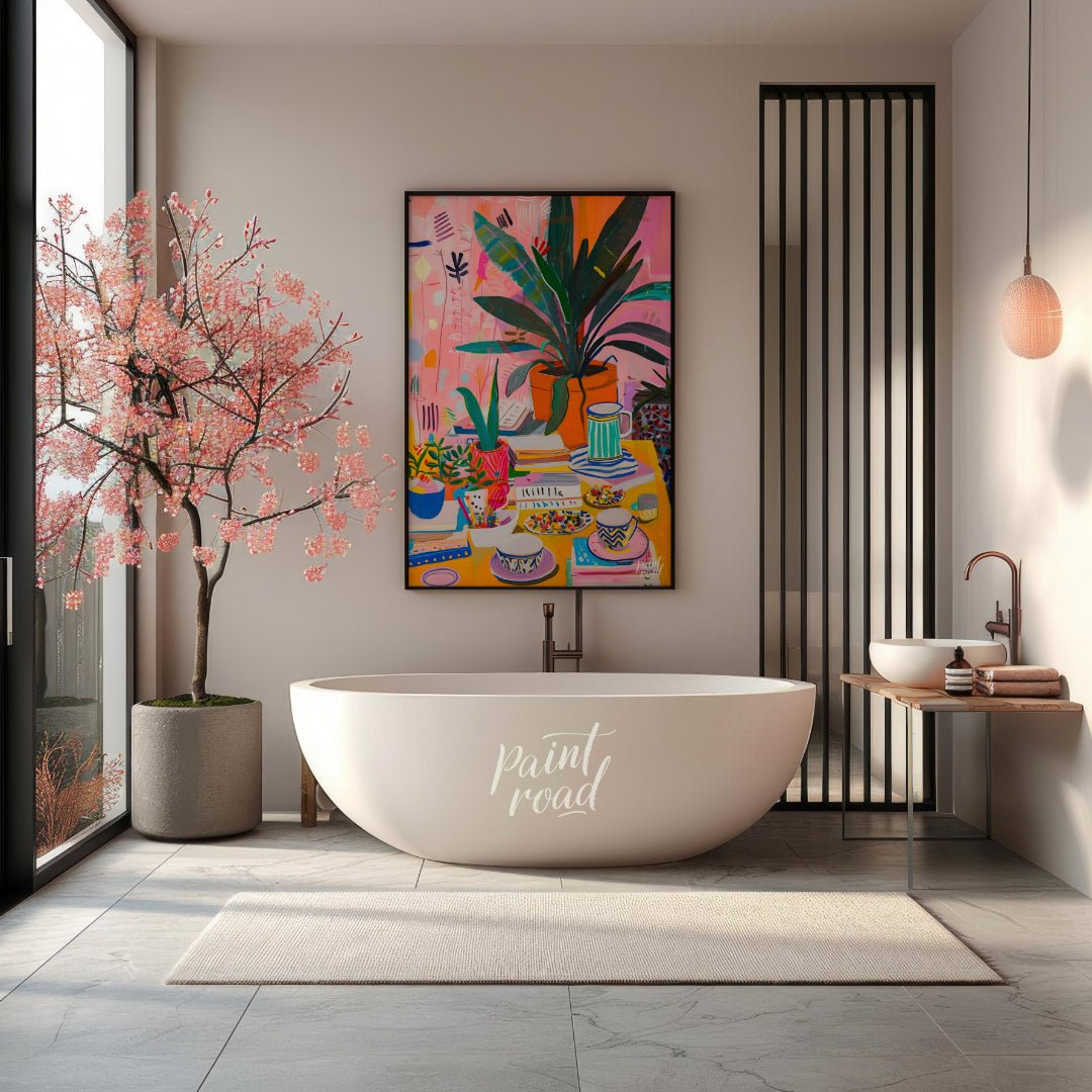This vibrant digital painting captures a whimsical still life scene, featuring a lush botanical arr… for bathroom