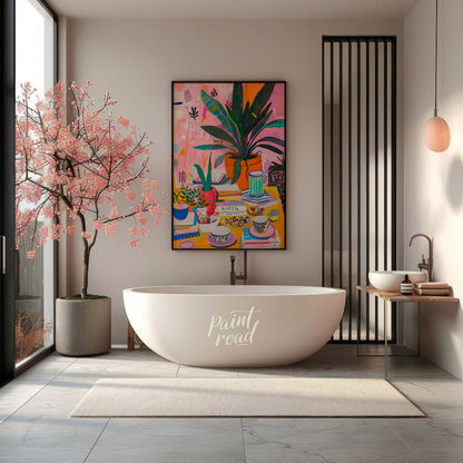 This vibrant digital painting captures a whimsical still life scene, featuring a lush botanical arr… for bathroom