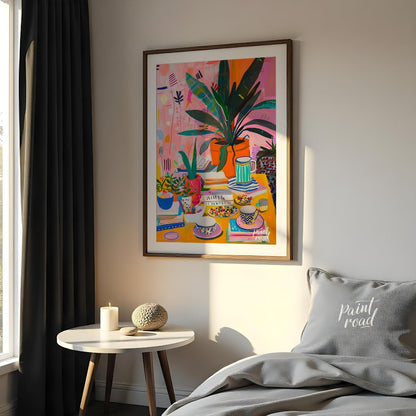 This vibrant digital painting captures a whimsical still life scene, featuring a lush botanical arr… for bedroom