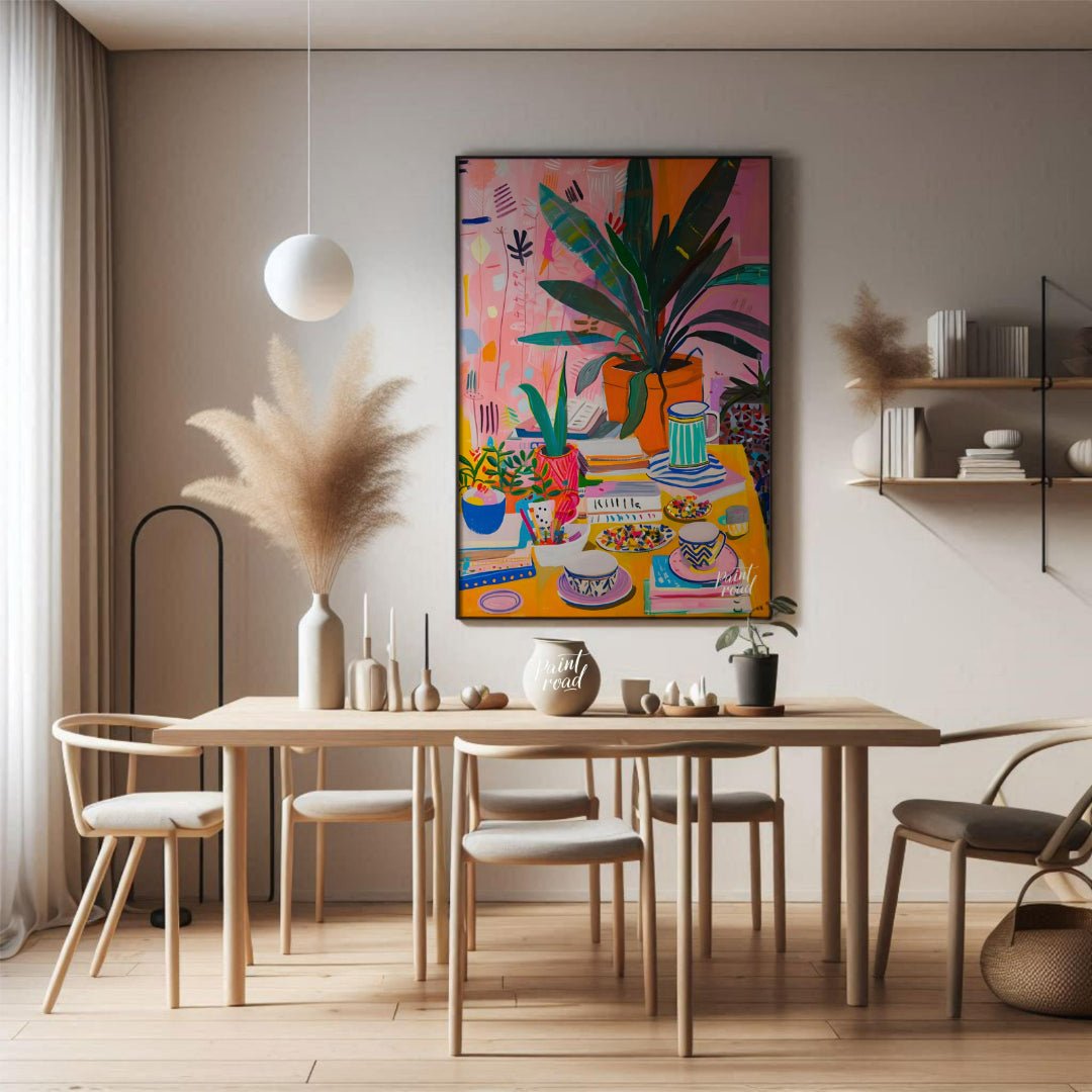 This vibrant digital painting captures a whimsical still life scene, featuring a lush botanical arr… for dining room