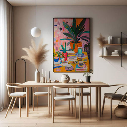 This vibrant digital painting captures a whimsical still life scene, featuring a lush botanical arr… for dining room