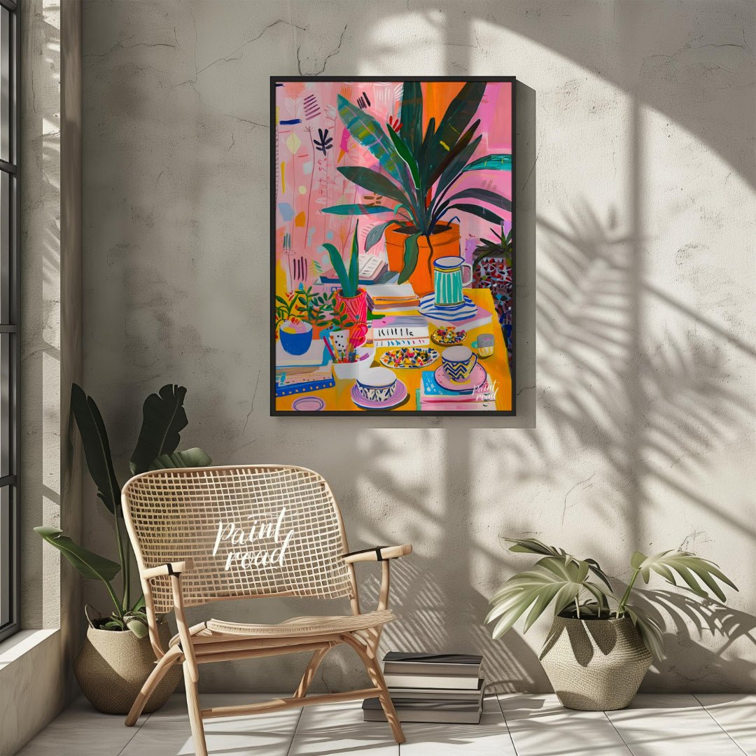 This vibrant digital painting captures a whimsical still life scene, featuring a lush botanical arr… for living room