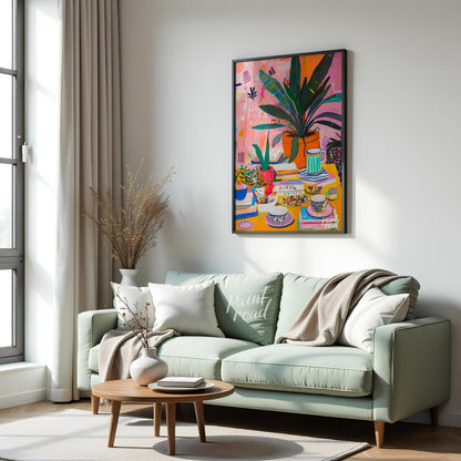 This vibrant digital painting captures a whimsical still life scene, featuring a lush botanical arr… for living room