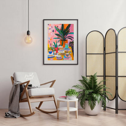 This vibrant digital painting captures a whimsical still life scene, featuring a lush botanical arr… for living room