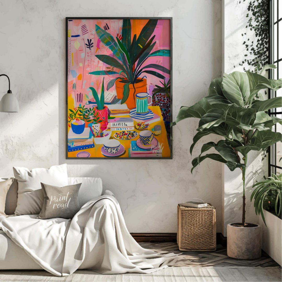 This vibrant digital painting captures a whimsical still life scene, featuring a lush botanical arr… for living room
