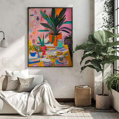This vibrant digital painting captures a whimsical still life scene, featuring a lush botanical arr… for living room