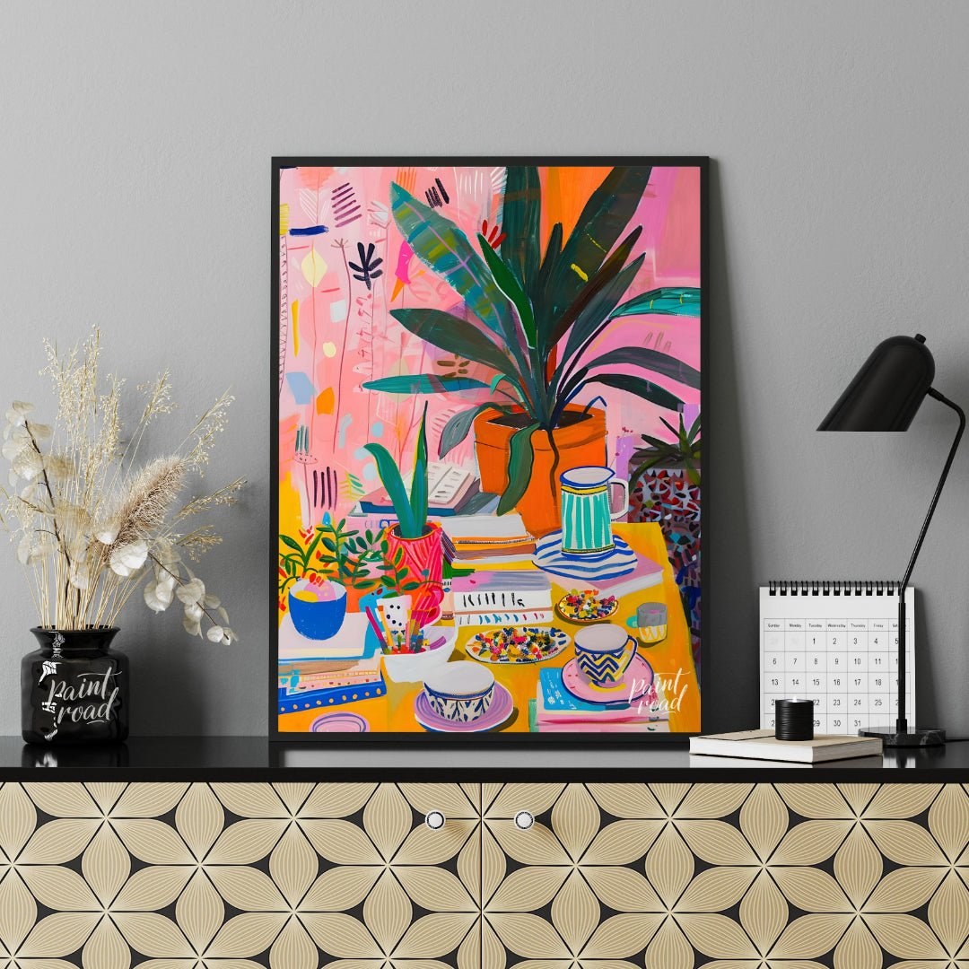 This vibrant digital painting captures a whimsical still life scene, featuring a lush botanical arr… for office