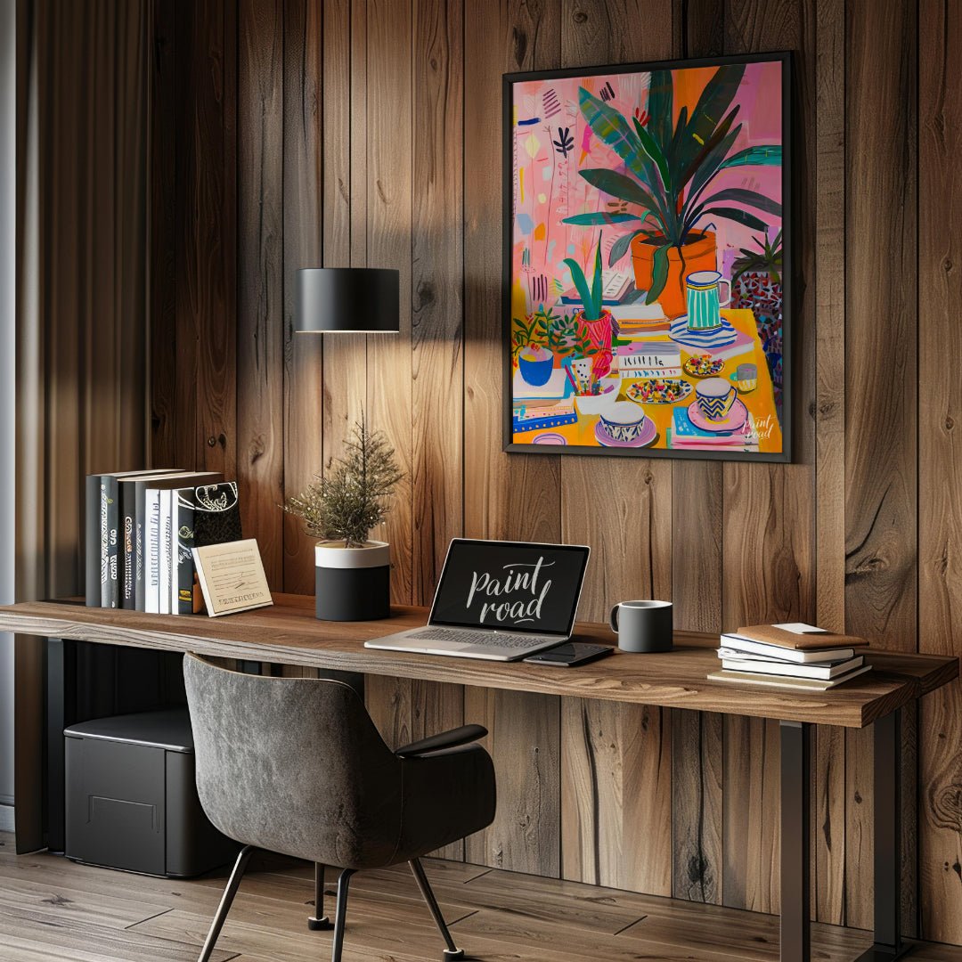 This vibrant digital painting captures a whimsical still life scene, featuring a lush botanical arr… for office