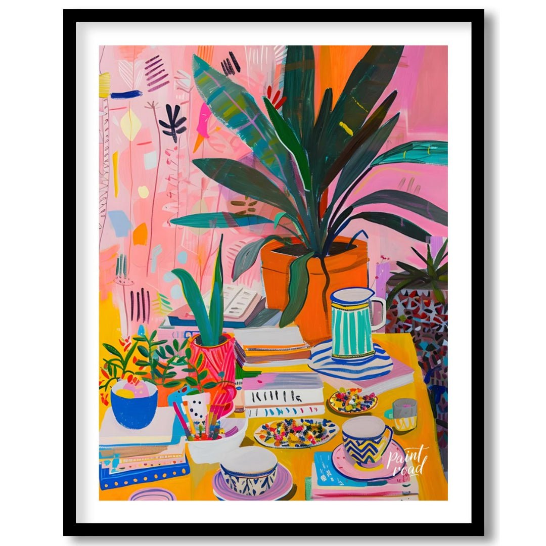 This vibrant digital painting captures a whimsical still life scene, featuring a lush botanical arr… for space