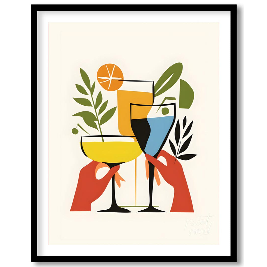 A vibrant and playful illustration featuring three colorful cocktails held by hands. The artwork is… for area
