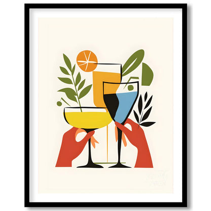 A vibrant and playful illustration featuring three colorful cocktails held by hands. The artwork is… for area