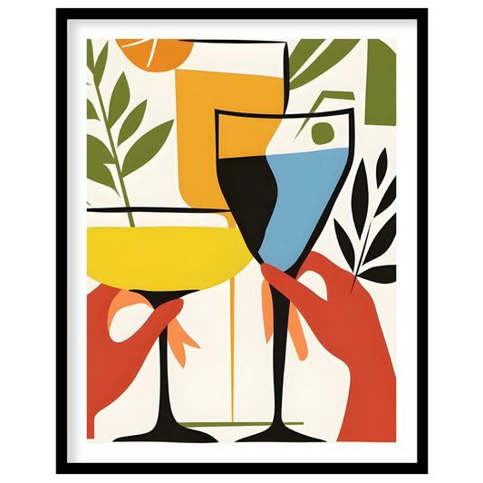 A vibrant and playful illustration featuring three colorful cocktails held by hands. The artwork is… for area