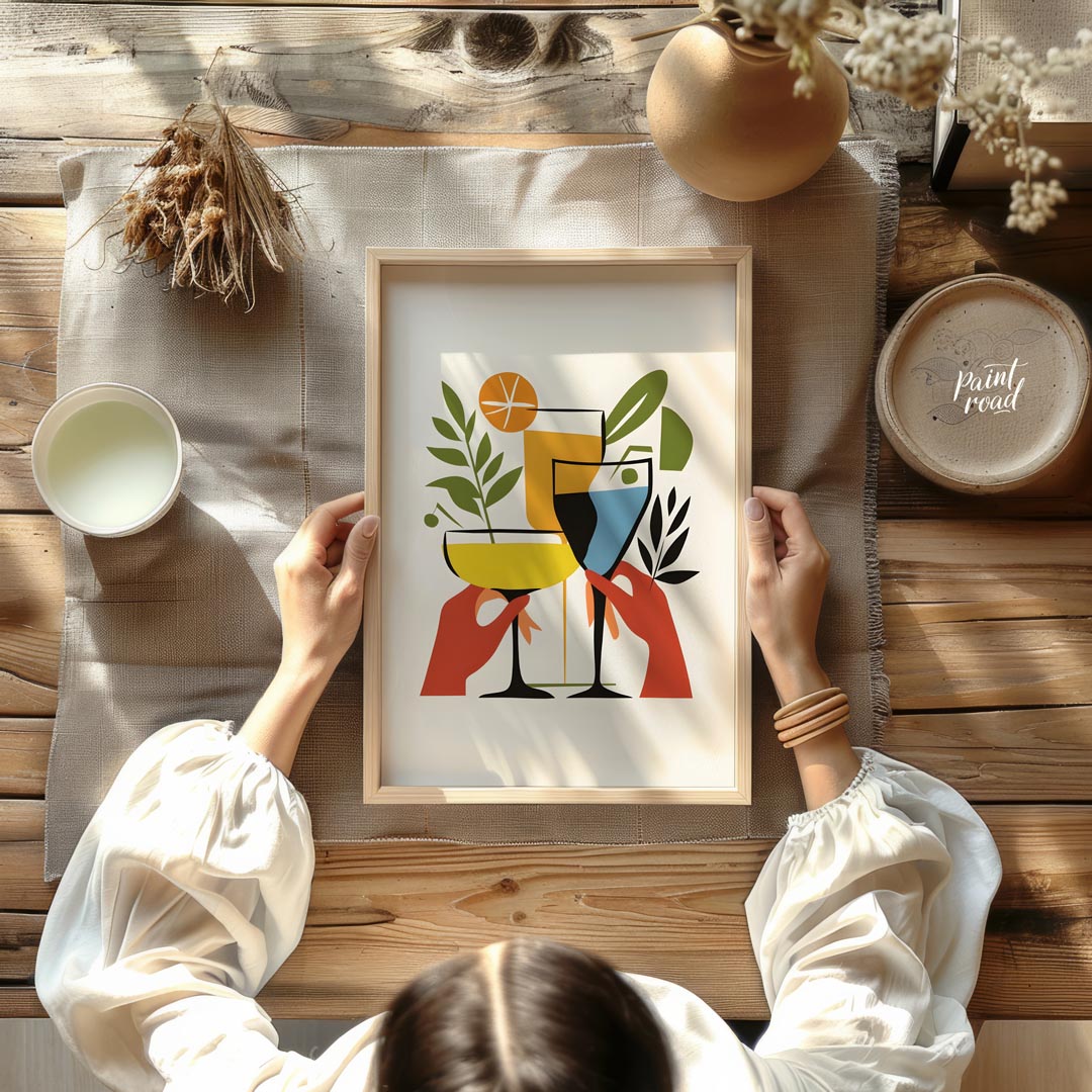 A vibrant and playful illustration featuring three colorful cocktails held by hands. The artwork is… for dining room