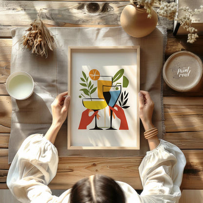 A vibrant and playful illustration featuring three colorful cocktails held by hands. The artwork is… for dining room