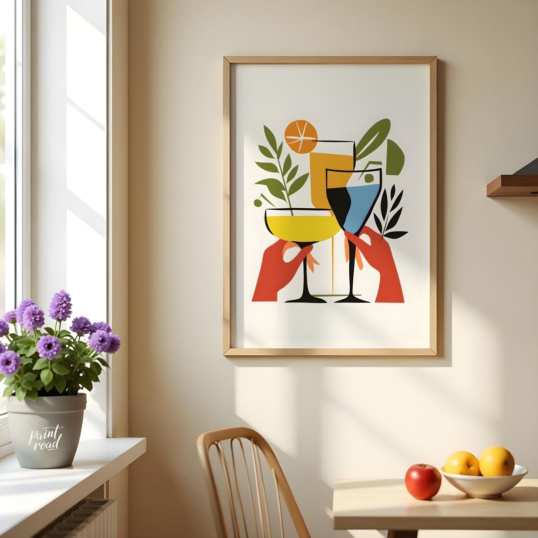 A vibrant and playful illustration featuring three colorful cocktails held by hands. The artwork is… for dining room