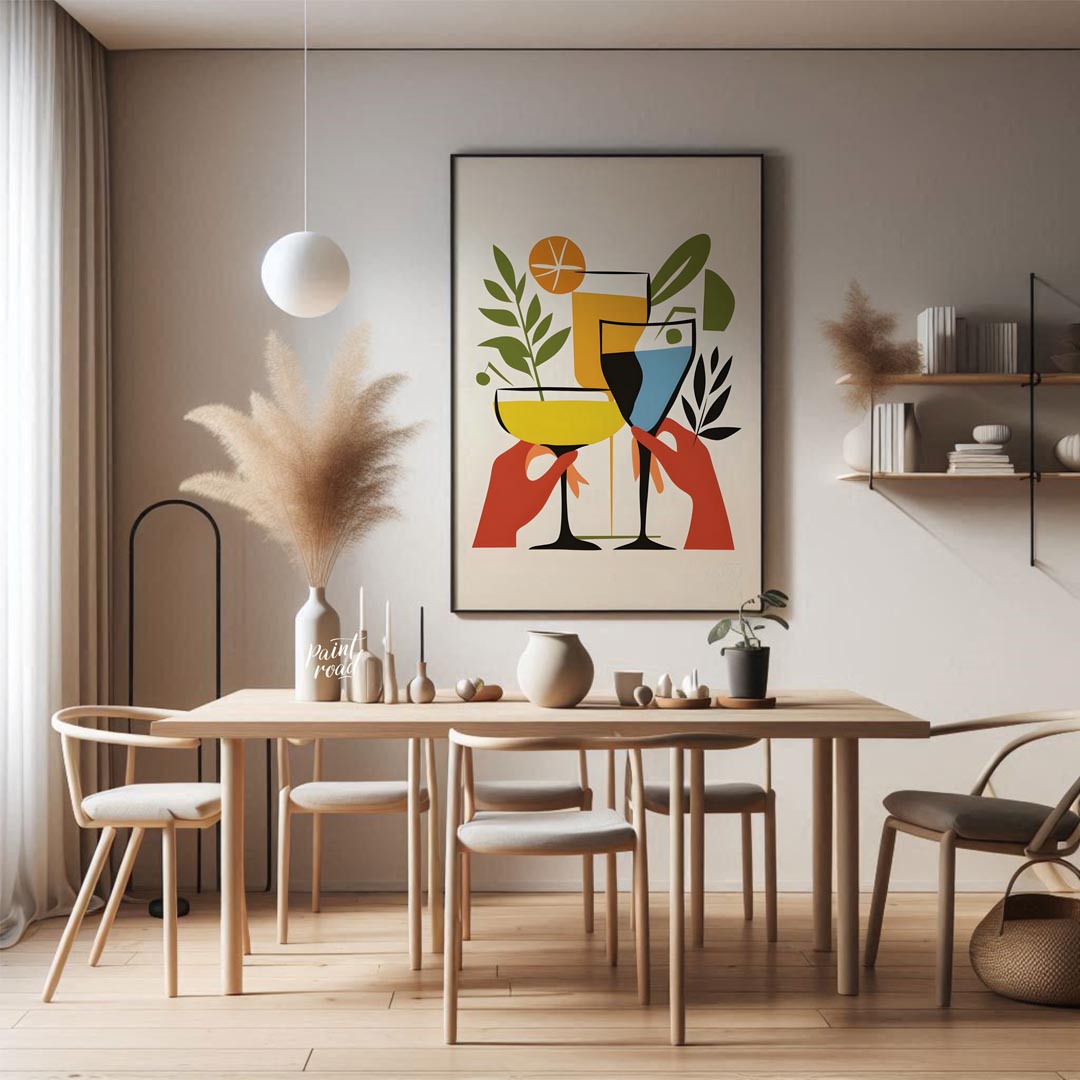 A vibrant and playful illustration featuring three colorful cocktails held by hands. The artwork is… for dining room