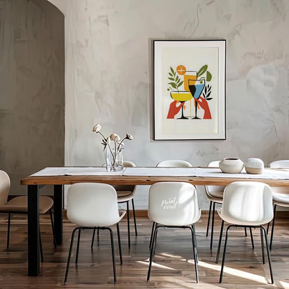 A vibrant and playful illustration featuring three colorful cocktails held by hands. The artwork is… for dining room