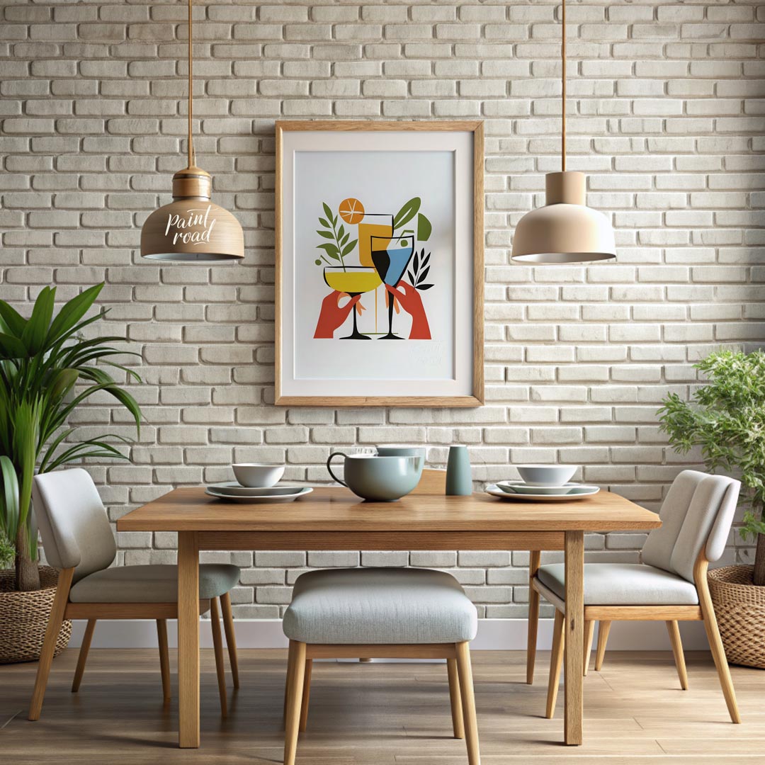 A vibrant and playful illustration featuring three colorful cocktails held by hands. The artwork is… for dining room