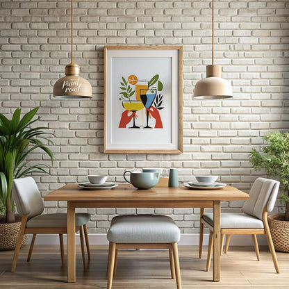 A vibrant and playful illustration featuring three colorful cocktails held by hands. The artwork is… for dining room