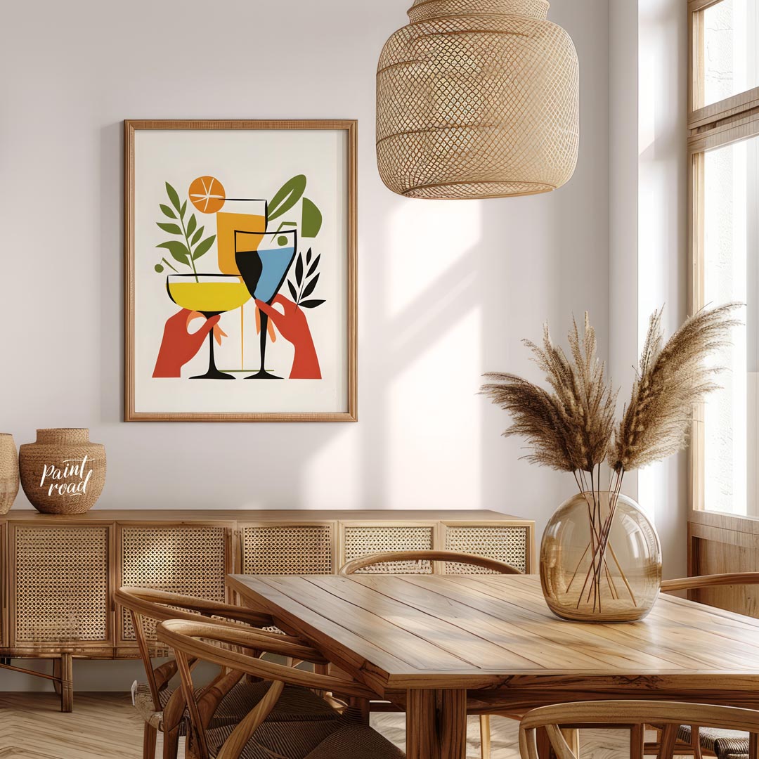A vibrant and playful illustration featuring three colorful cocktails held by hands. The artwork is… for dining room