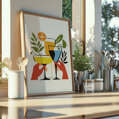 A vibrant and playful illustration featuring three colorful cocktails held by hands. The artwork is… for kitchen