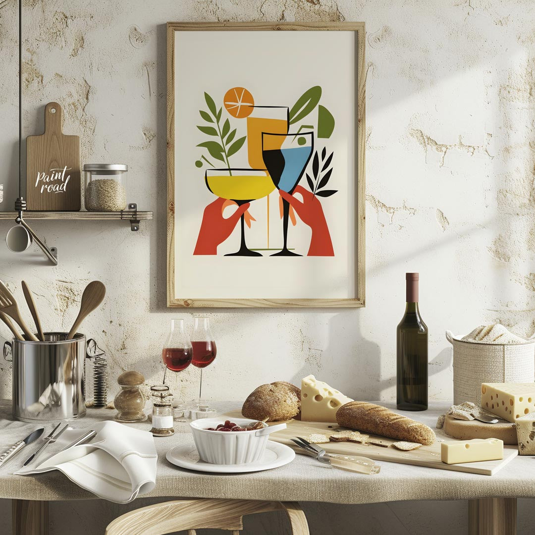 A vibrant and playful illustration featuring three colorful cocktails held by hands. The artwork is… for kitchen