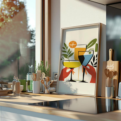 A vibrant and playful illustration featuring three colorful cocktails held by hands. The artwork is… for kitchen