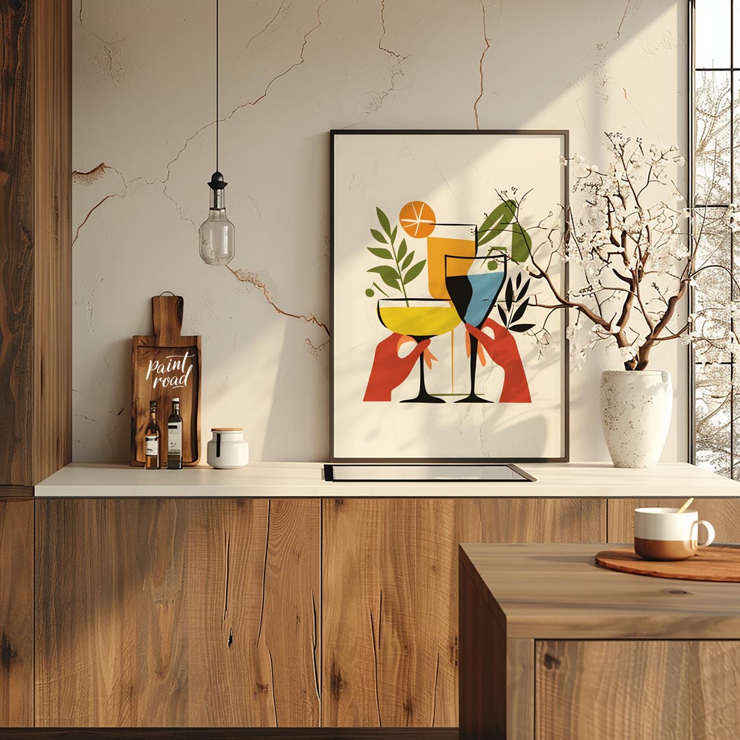 A vibrant and playful illustration featuring three colorful cocktails held by hands. The artwork is… for kitchen