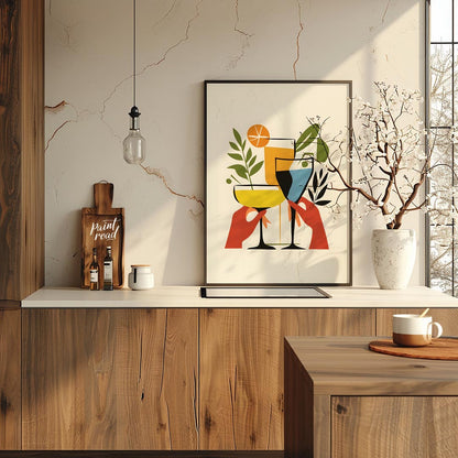 A vibrant and playful illustration featuring three colorful cocktails held by hands. The artwork is… for kitchen