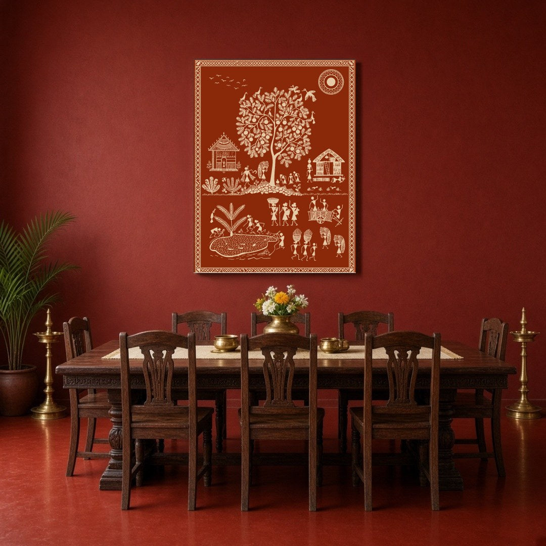This vibrant Warli art print captures the essence of village life with intricate depictions of for Dining