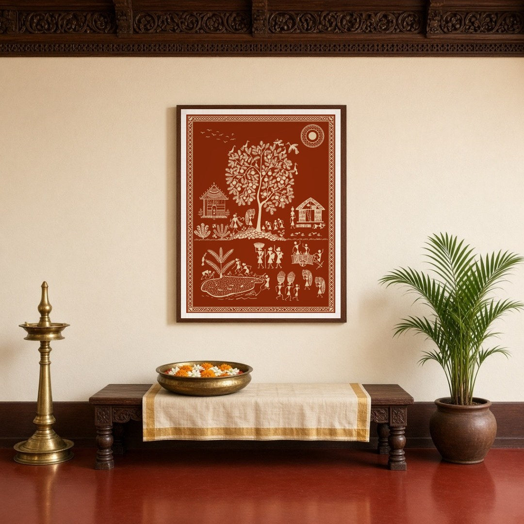 This vibrant Warli art print captures the essence of village life with intricate depictions of for Entrance