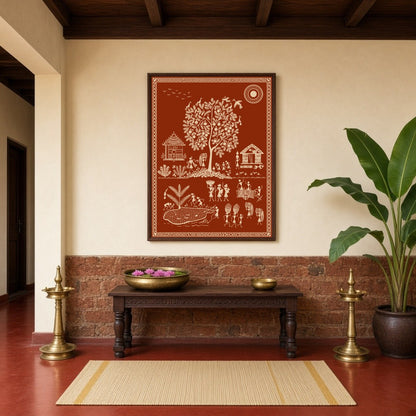 This vibrant Warli art print captures the essence of village life with intricate depictions of for Hallway
