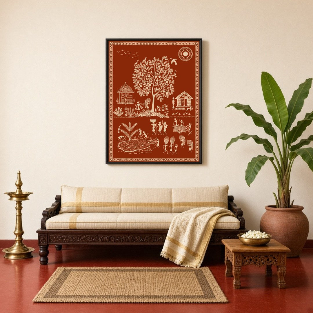 This vibrant Warli art print captures the essence of village life with intricate depictions of for Living Room
