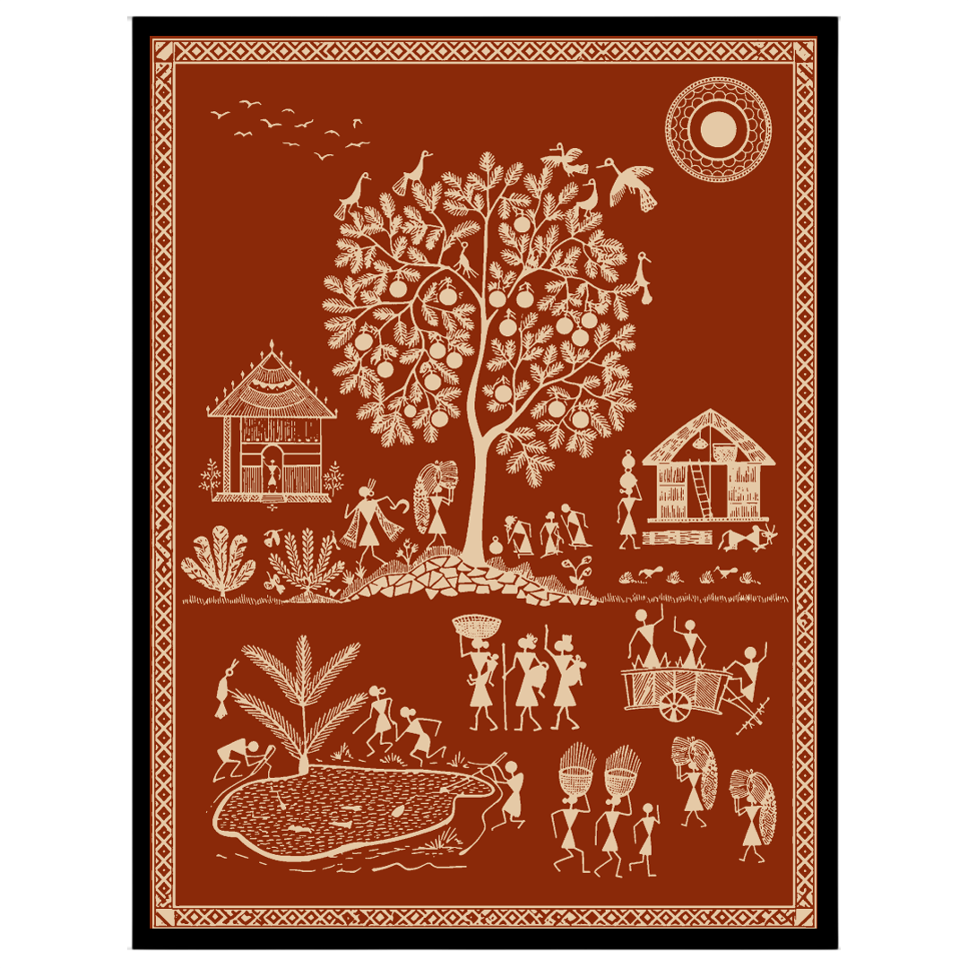 This vibrant Warli art print captures the essence of village life with intricate depictions of for place