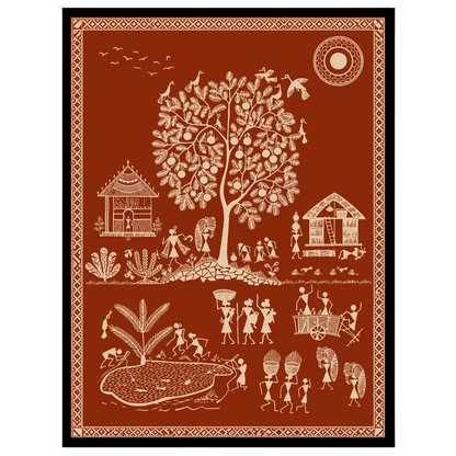 This vibrant Warli art print captures the essence of village life with intricate depictions of for place