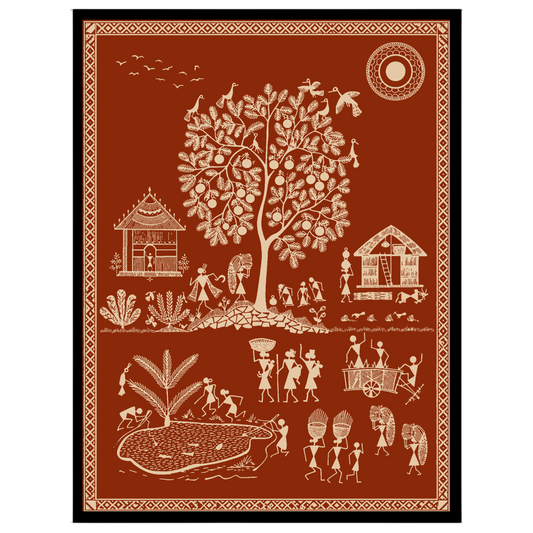This vibrant Warli art print captures the essence of village life with intricate depictions of for place