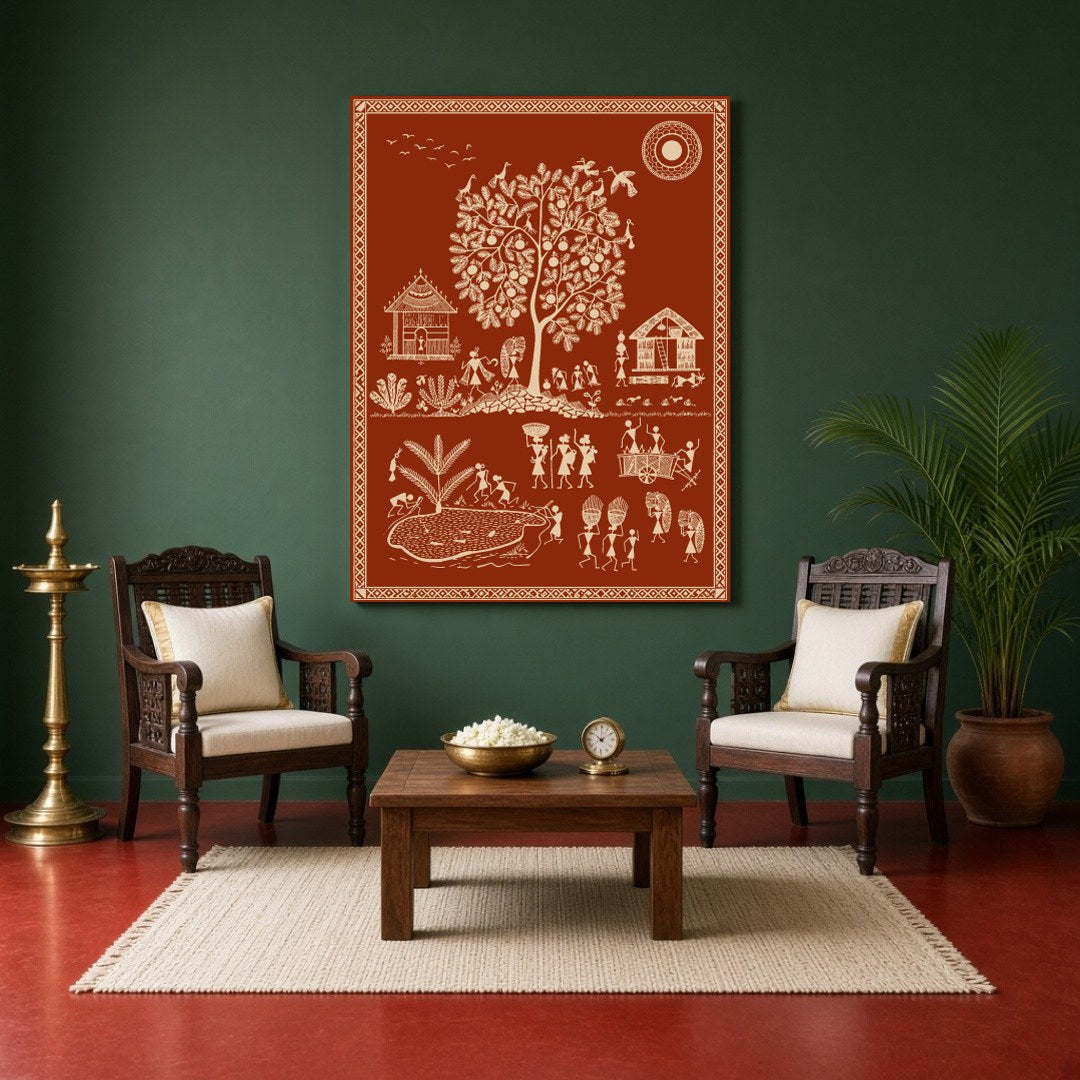 This vibrant Warli art print captures the essence of village life with intricate depictions of for Sitting Area