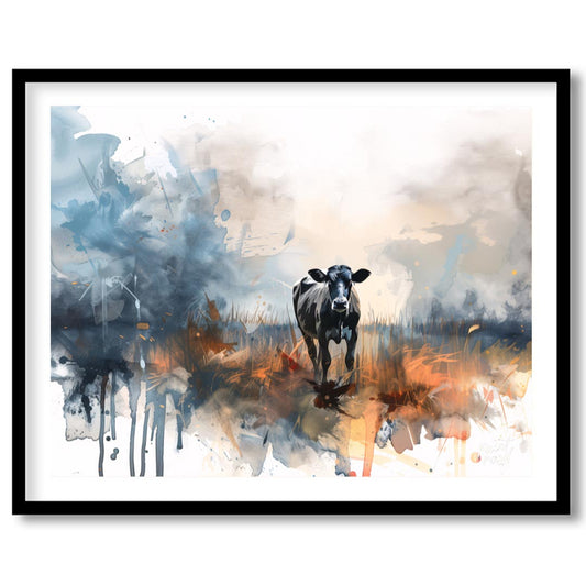 This impactful watercolor painting presents a solitary black and white cow standing in a field, sur… for living-space