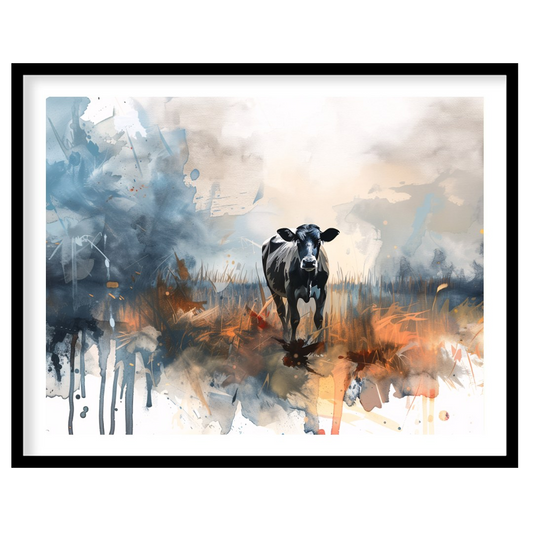This impactful watercolor painting presents a solitary black and white cow standing in a field, sur… for living-space