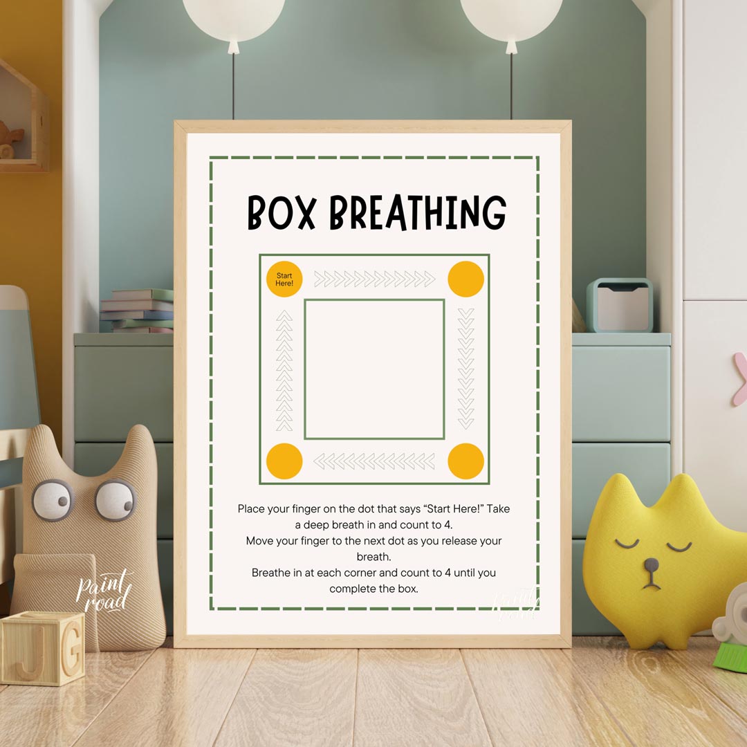 This clear and practical educational poster is titled "BOX BREATHING," and serves as a simple guide… for bedroom