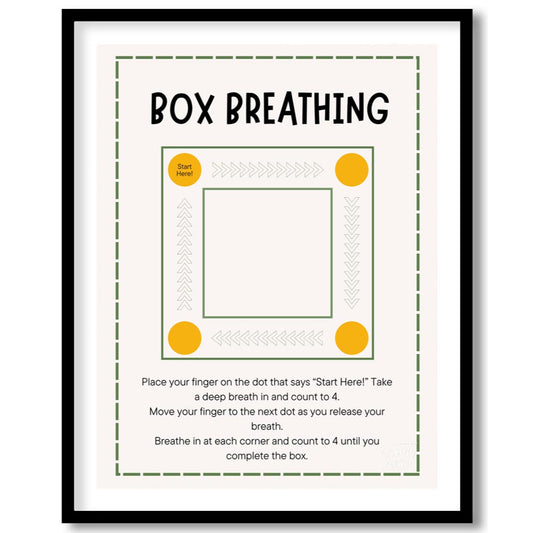 This clear and practical educational poster is titled "BOX BREATHING," and serves as a simple guide… for home
