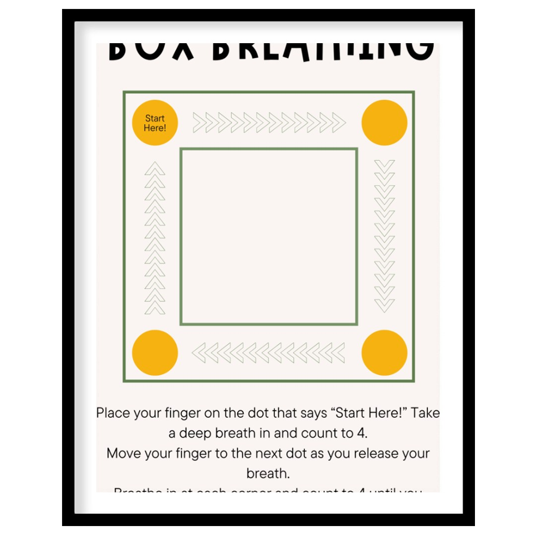 This clear and practical educational poster is titled "BOX BREATHING," and serves as a simple guide… for home