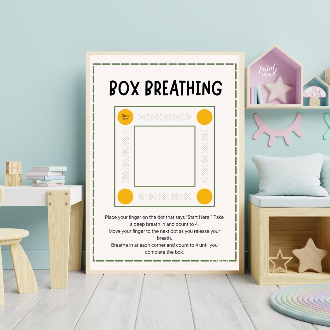 This clear and practical educational poster is titled "BOX BREATHING," and serves as a simple guide… for nursery