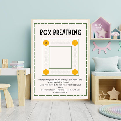 This clear and practical educational poster is titled "BOX BREATHING," and serves as a simple guide… for nursery