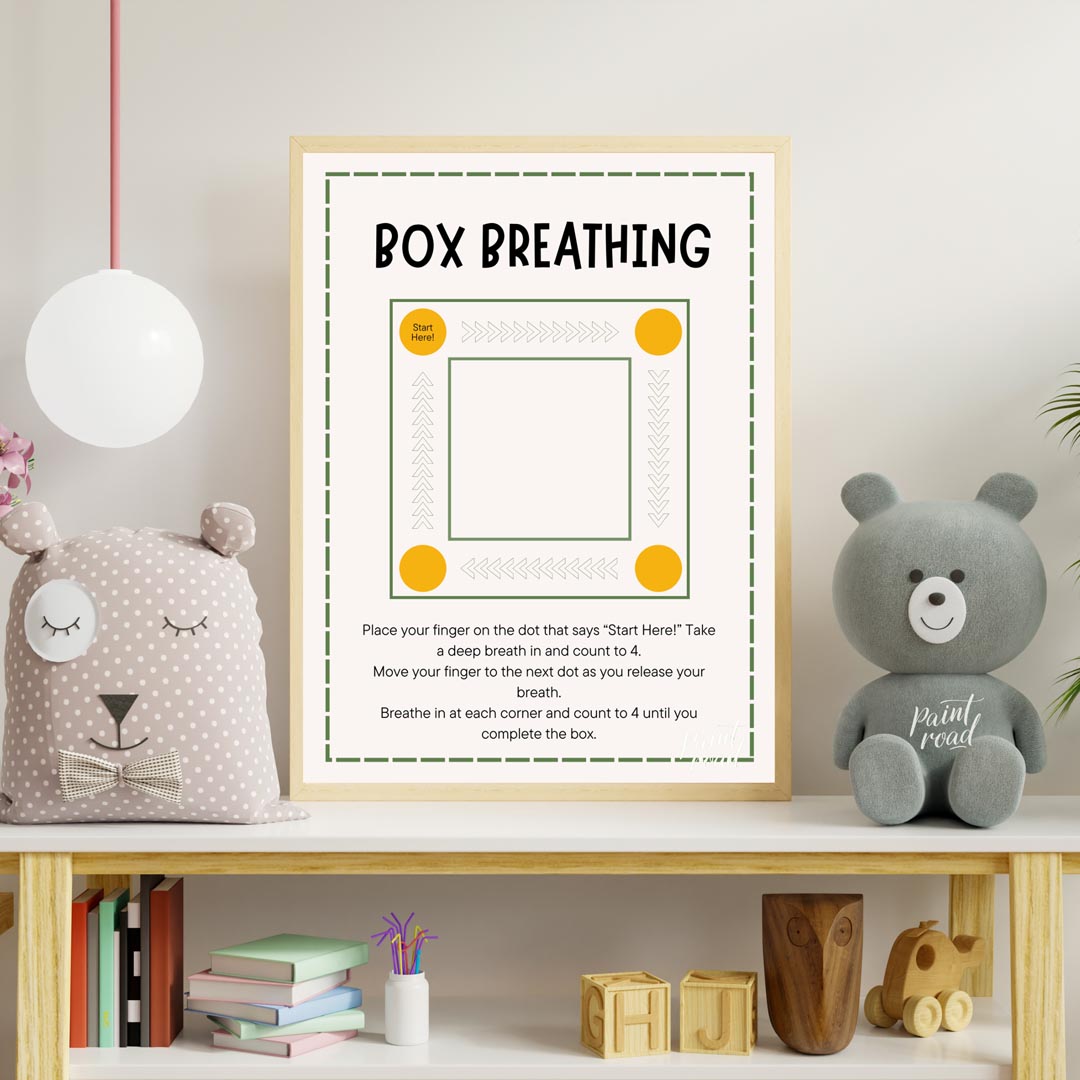 This clear and practical educational poster is titled "BOX BREATHING," and serves as a simple guide… for nursery