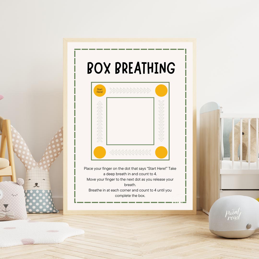 This clear and practical educational poster is titled "BOX BREATHING," and serves as a simple guide… for nursery