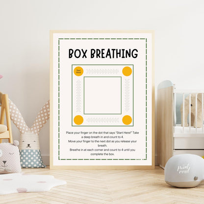 This clear and practical educational poster is titled "BOX BREATHING," and serves as a simple guide… for nursery