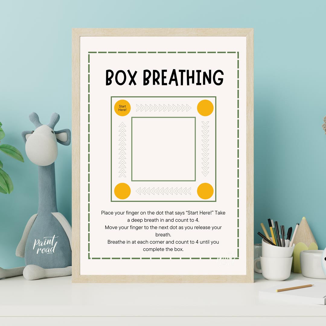 This clear and practical educational poster is titled "BOX BREATHING," and serves as a simple guide… for nursery